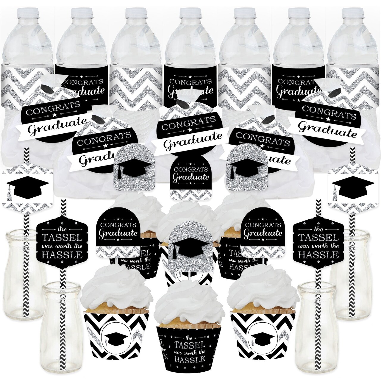Big Dot of Happiness Tassel Worth The Hassle - Silver - Graduation Party Favors and Cupcake Kit - Fabulous Favor Party Pack - 100 Pieces